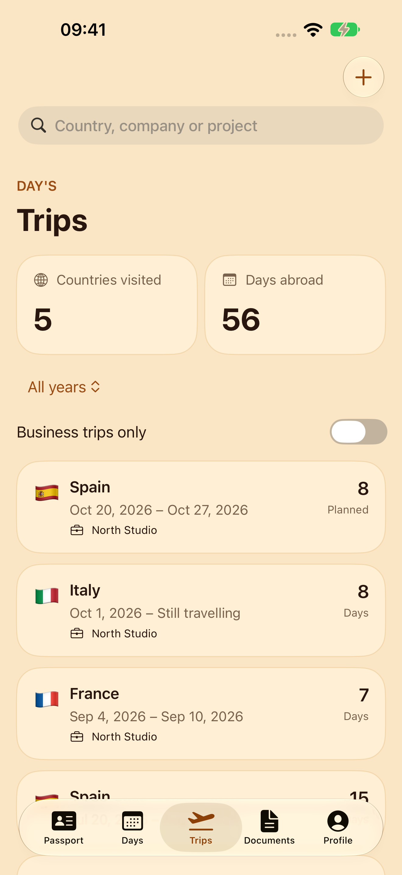 DAY’S 2.0 trip history on iPhone, with fictional trips to Spain, Italy and France