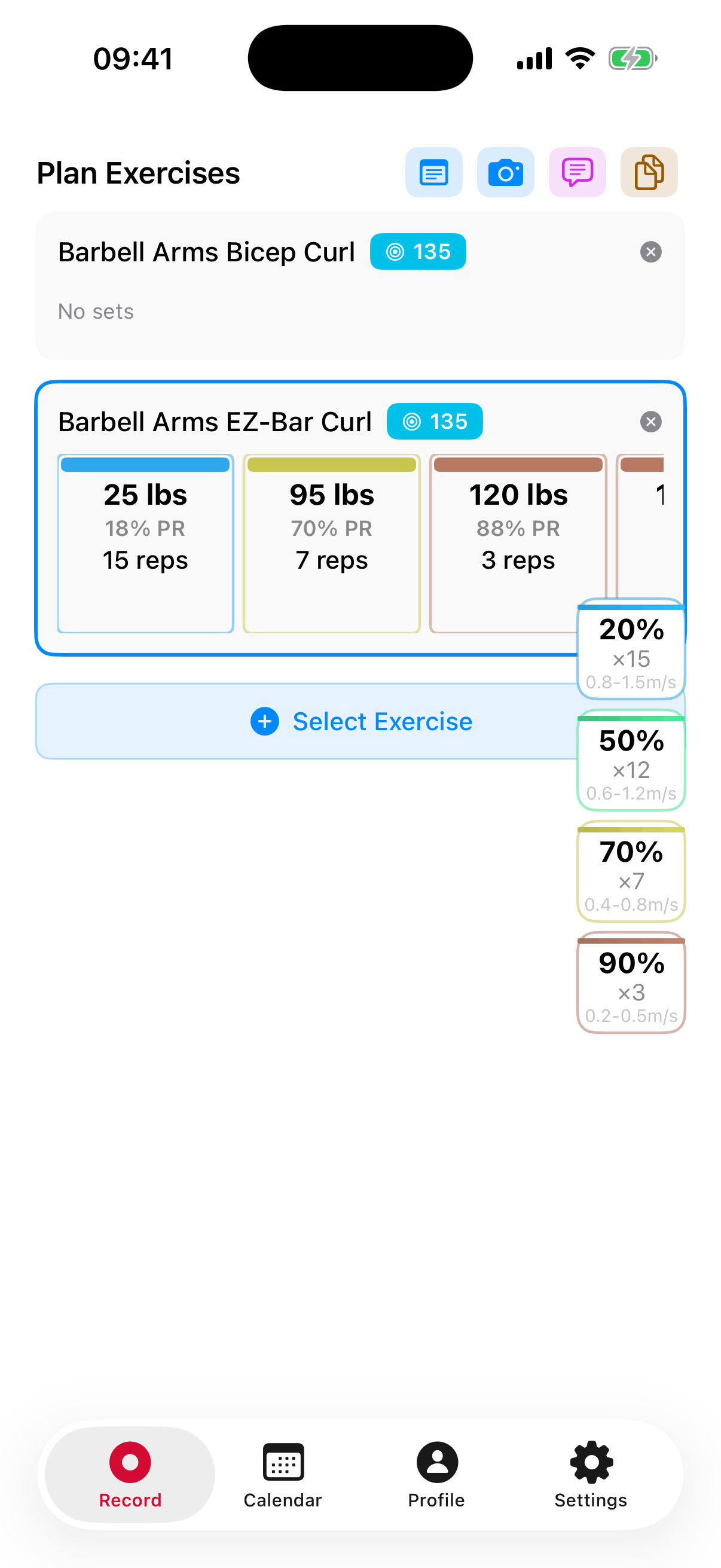 DetecFit plan exercises screen