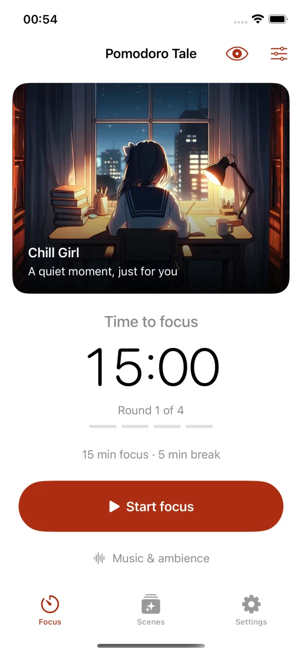 Pomodoro Tale app screen with example content