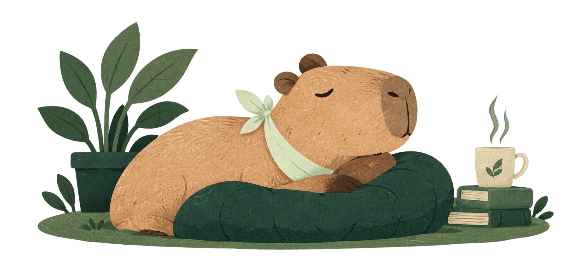 A capybara resting on forest-green cushions with a cup of tea